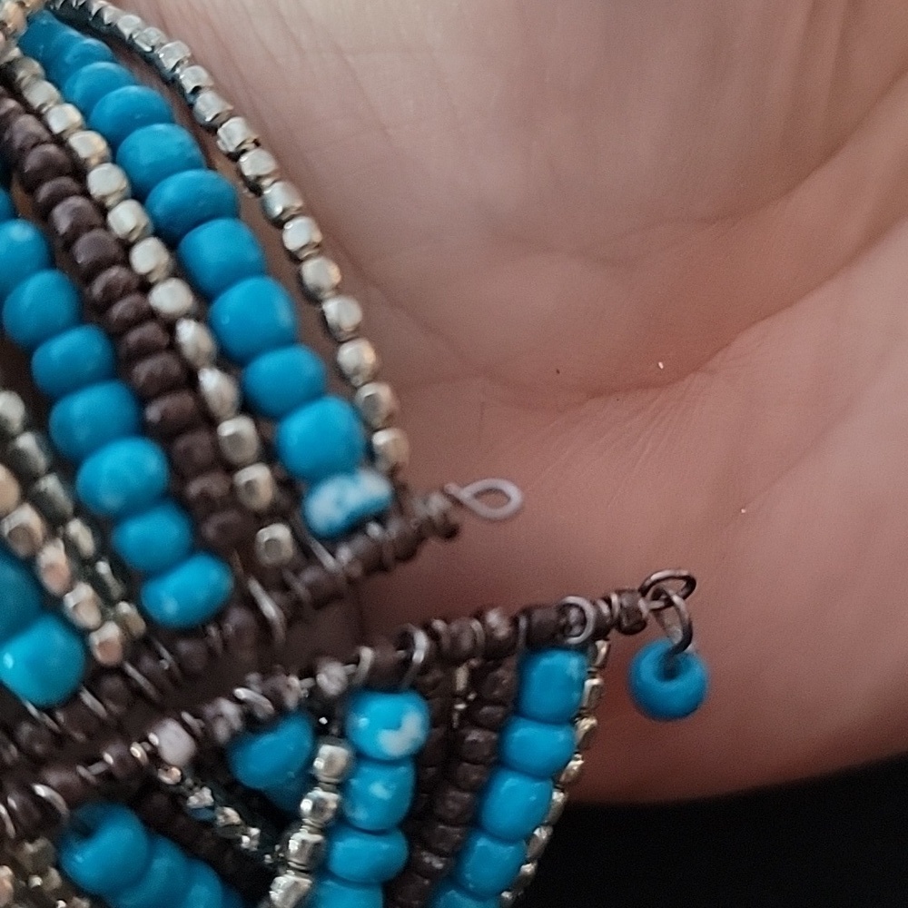 Turquoise Gray Siver Seed Bead Bangle Wrap Bracelet 2" Wide Criss Cross Cuff - Picture 6 of 6